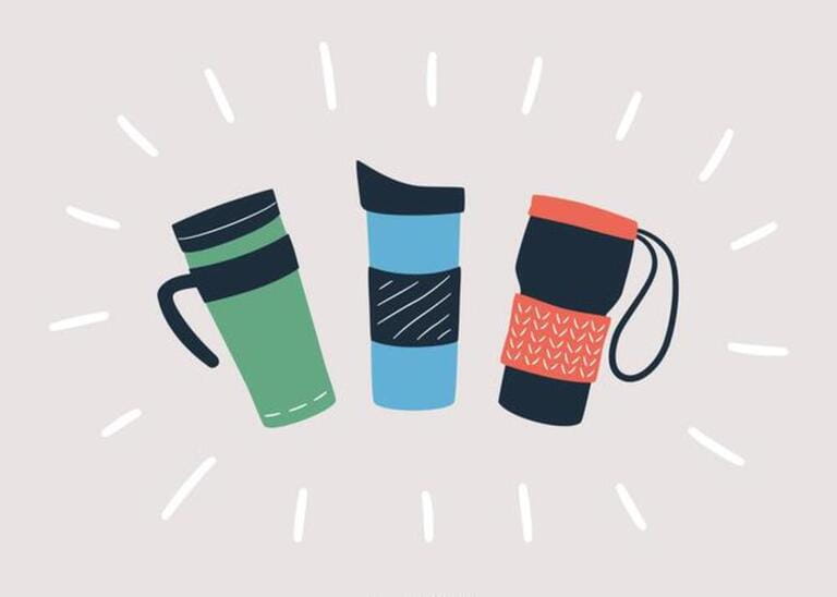 Reusable cups, thermo mug and tumblers with cover for take away hot coffee or tea. Hand drawn object.
