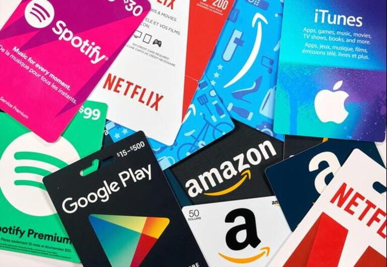 Different gift cards of many brands such as Amazon, Netflix, Xbox, Google Play, Best Buy, Spotify. A gift card is a prepaid card that you use to pay for purchases Different gift cards of many brands such as Amazon, Netflix, Xbox, Google Play, Best Buy, Spotify. A gift card is a prepaid card that you use to pay for purchases