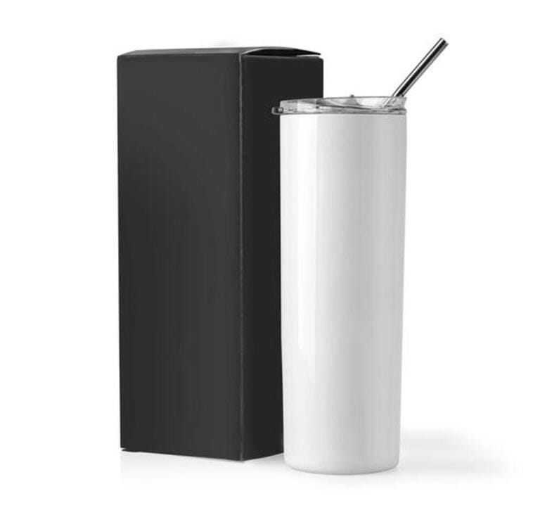 Blank Stainless Steel Tumbler with Lid and paper box for branding mock up. Isolated on white