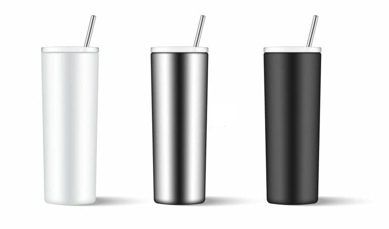 Realistic metal Tumbler packaging mockup on white background vector illustration. Conceptual design of food and beverage products.