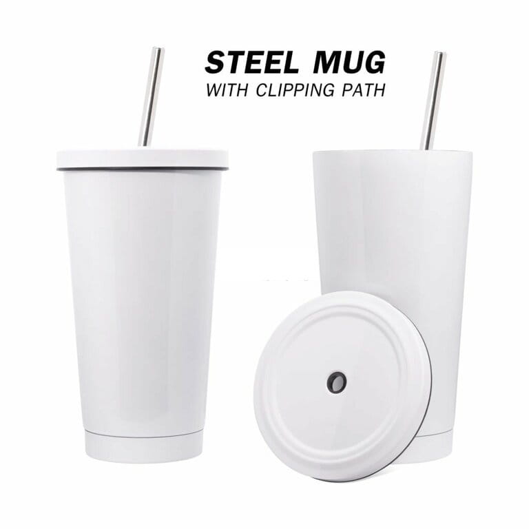 Water steel cup and pipe isolated on white background. Insulated water cup.