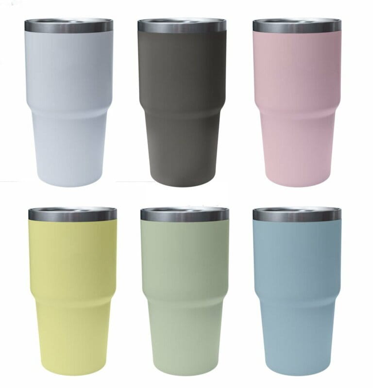 Varied pastel colors of modern large thermos isolated on white.