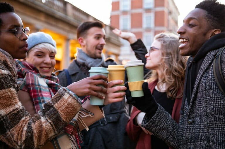 Group of friends happily meeting each other
