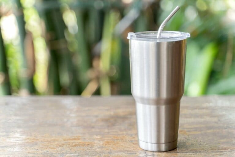 Stainless steel tumbler with stainless straw keeps drinks cold or hot. Reduce plastic pollution